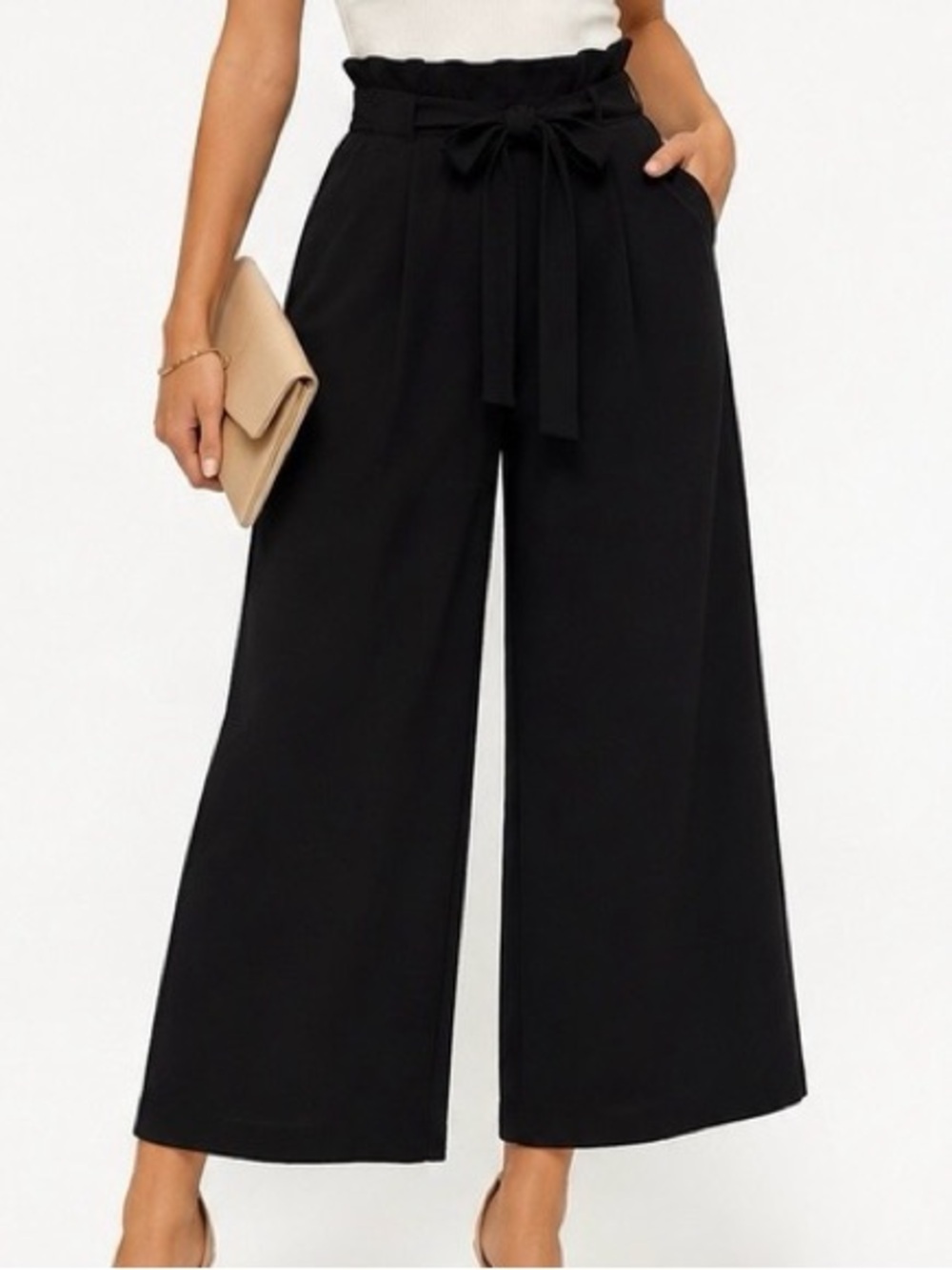 Zara Basic Black Paperbag Waist Wide Leg Cropped Pants Size Small